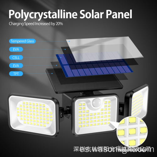 2023 Nuevo control remoto 3 cabezas Luz del sensor de movimiento solar 1000 lúmenes 180 LED SEGURIDAD 270 luces de pared de inundación de gran angular